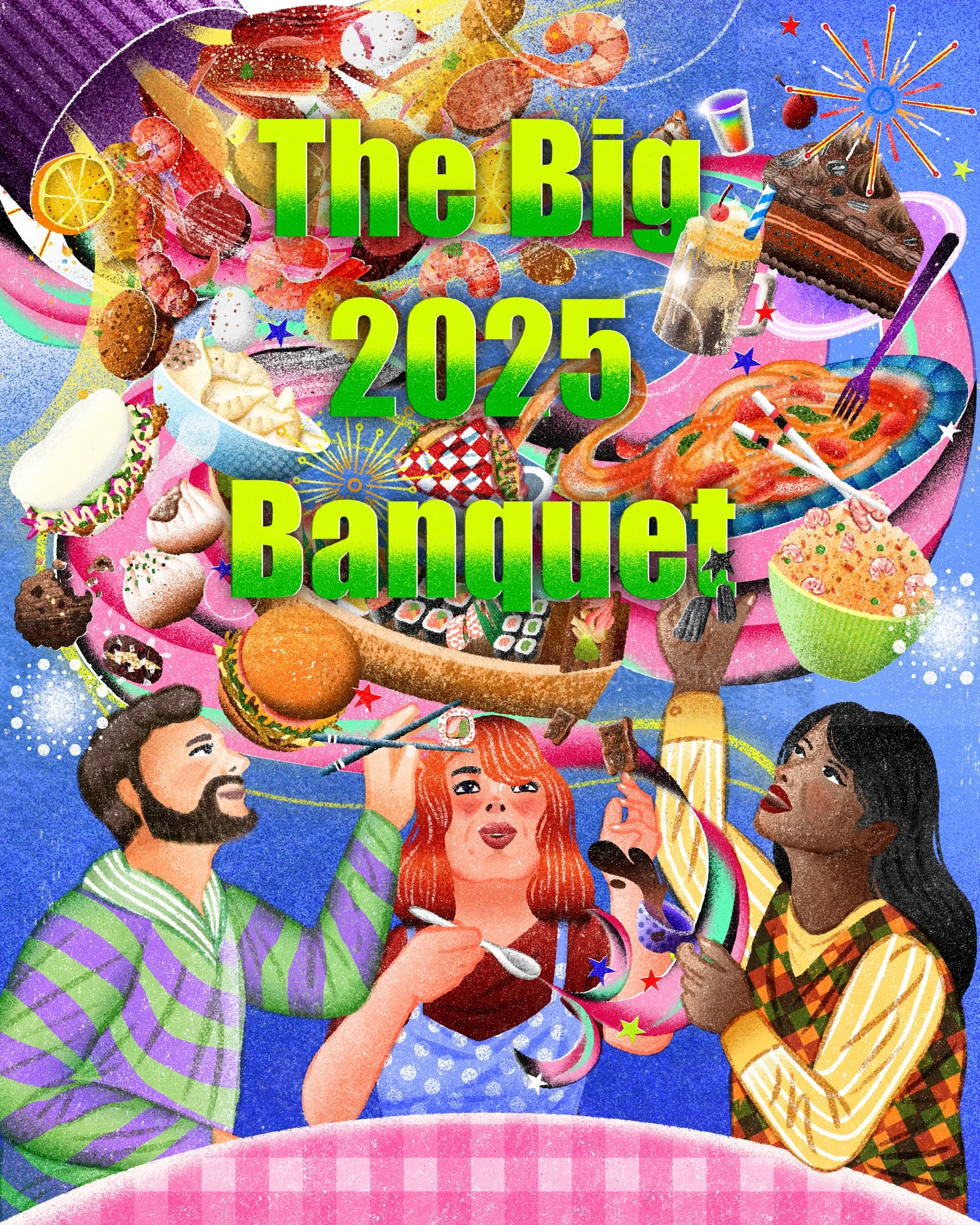 Colorful banquet scene with diverse diners and vibrant food by Oliver Li