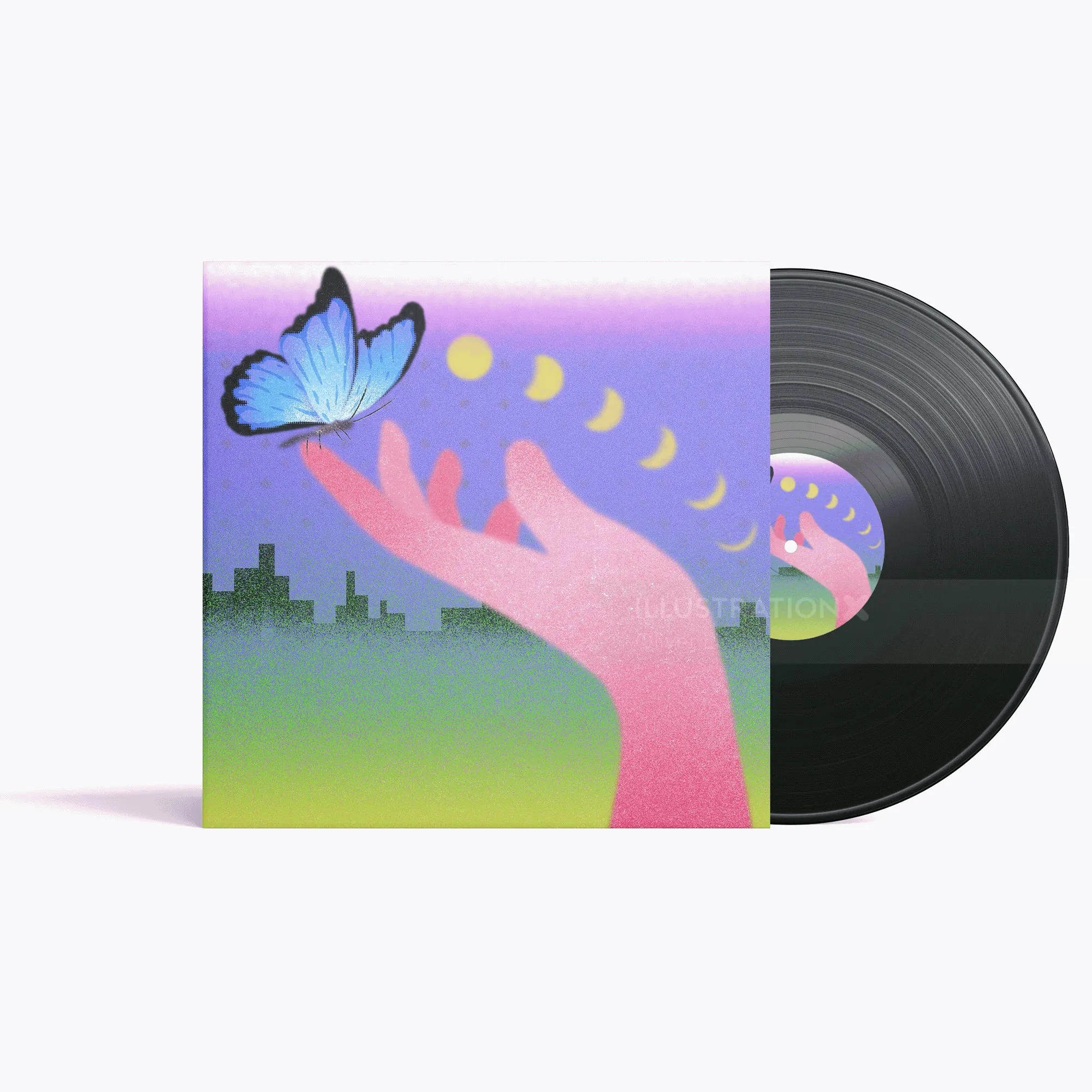 Vinyl-Schallplattencover mit einer Hand, die einen Schmetterling freilässt, von Oliver Li