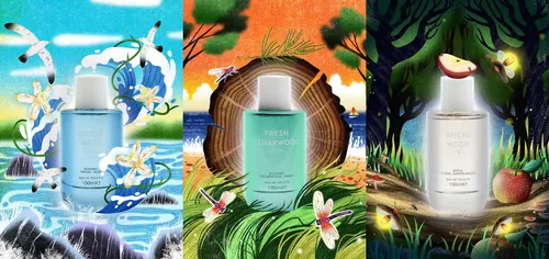Perfume bottles in nature-themed digital advertisement by Oliver Li