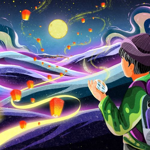 Oliver Li illustration of a traveller holding a compass beneath a colorful night sky
