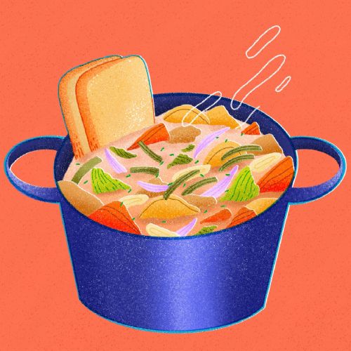 Illustration by Oliver Li of steaming vegetable soup in a blue pot