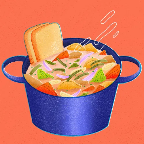 オリバー・リーによる、青い鍋で湯気を立てる野菜スープのイラスト