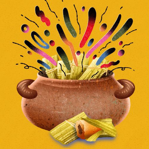 Artwork by Oliver Li showing a tamale in a traditional clay pot