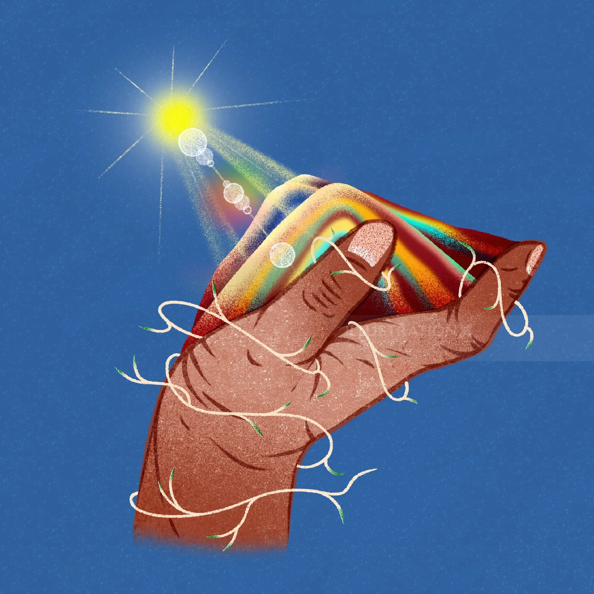 Illustration von Oliver Li: Eine Hand hält einen farbenfrohen Berg