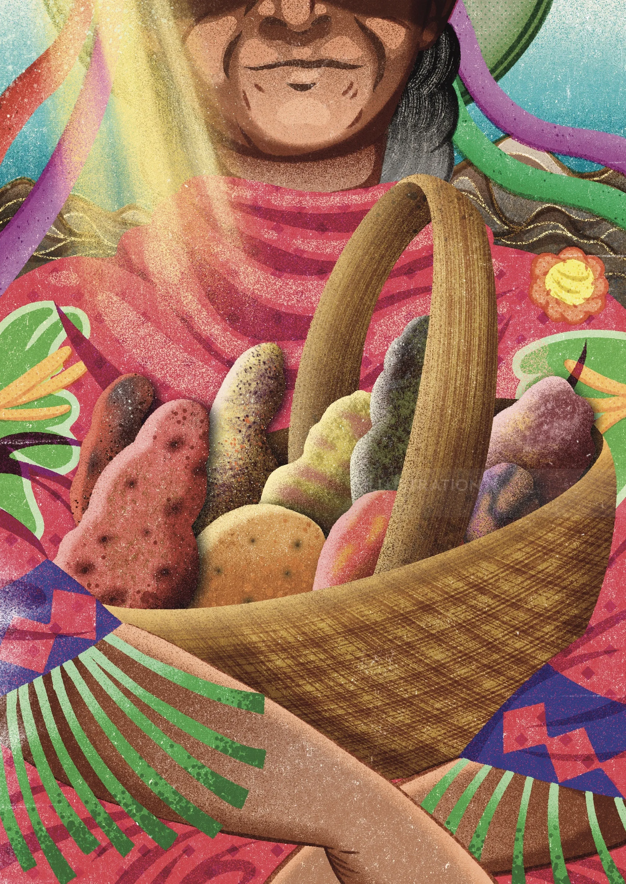 Ilustración de Oliver Li de una mujer con ropa colorida sosteniendo una cesta de frutas.