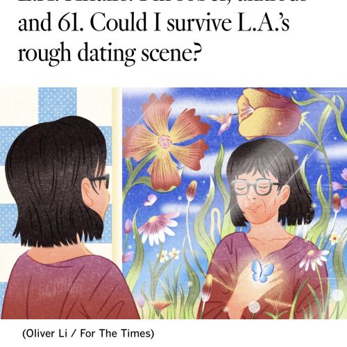 Oliver Li illustration of two women meeting amid flowers and butterflies.