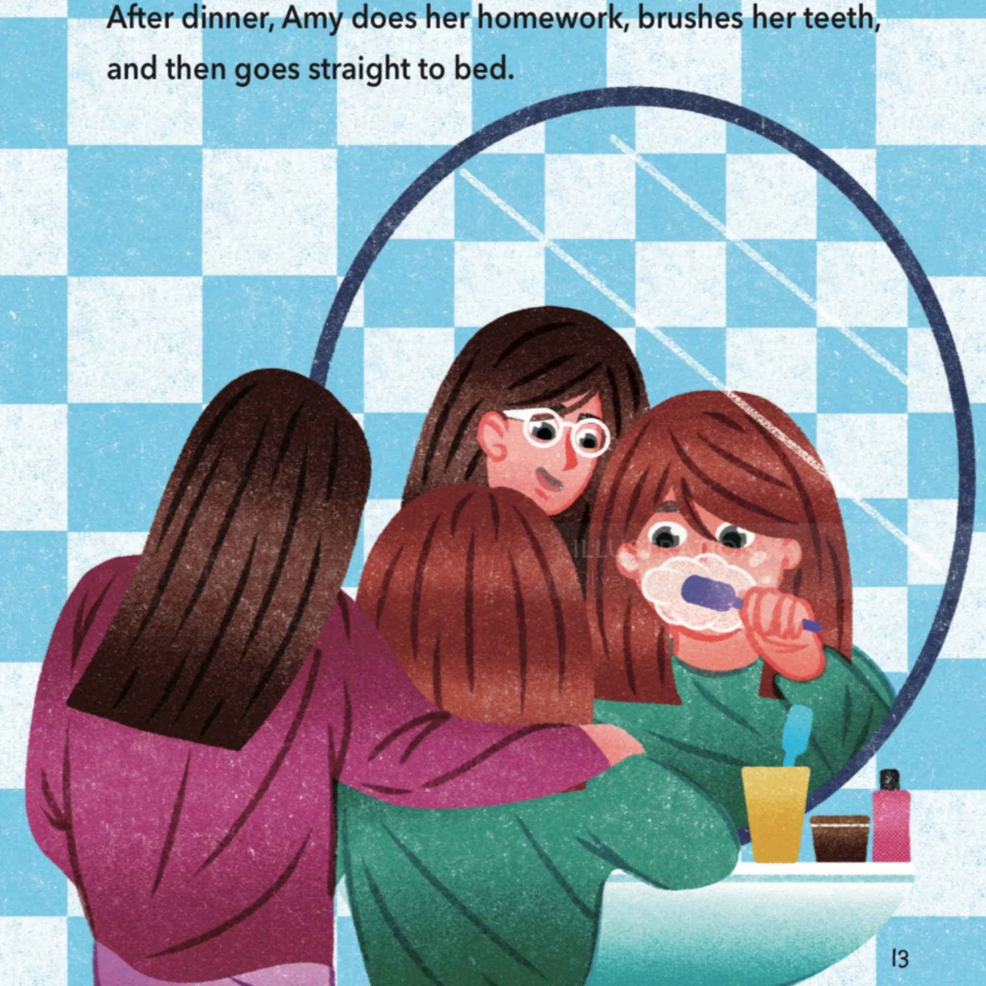 Ilustración de Oliver Li de una madre ayudando a su hijo a cepillarse los dientes.