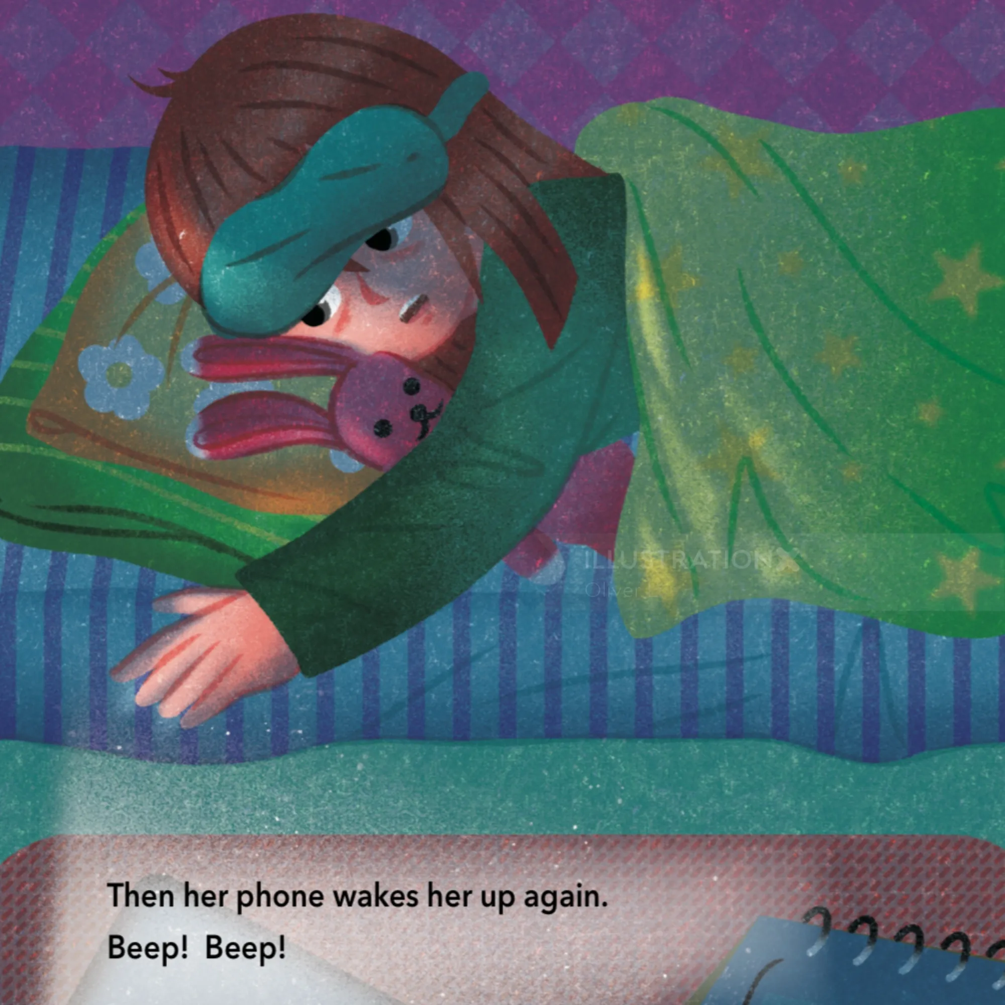Ilustración de Oliver Li de una chica que intenta alcanzar su teléfono en la cama.