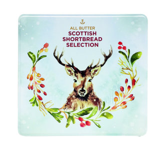クリスマス用の鹿とリースが描かれたショートブレッドビスケット缶