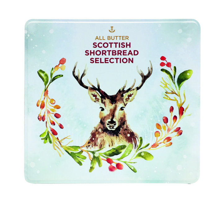 Shortbread biscuit tin with stag and wreath for Christmas