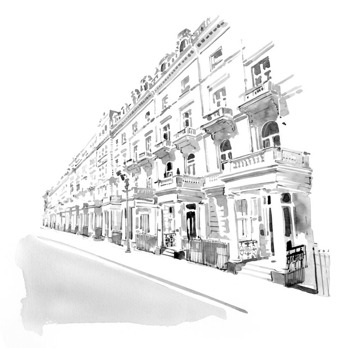 Black and white buildings of london street
