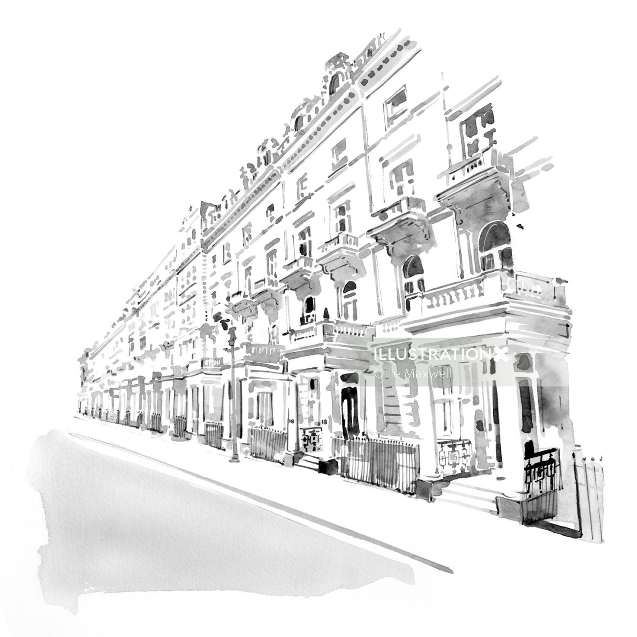 ロンドン通りの黒と白の建物