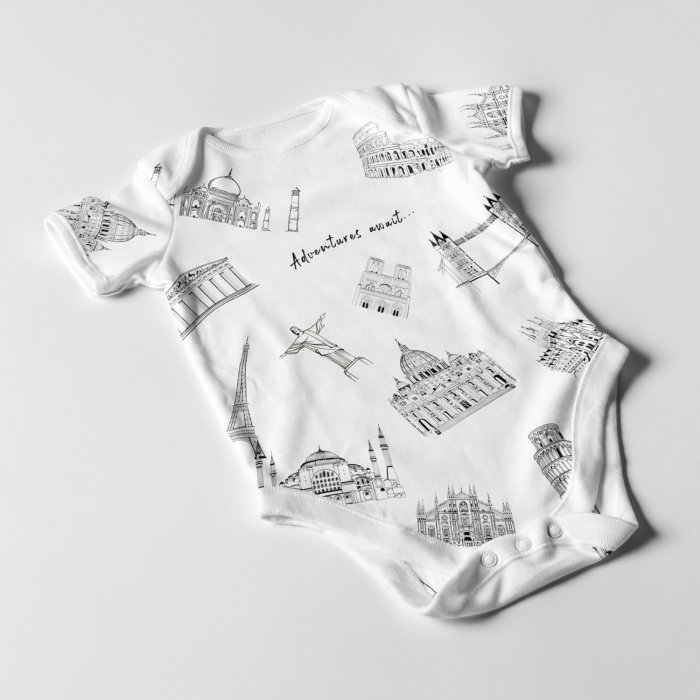 Illustration of iconic places on baby clothes