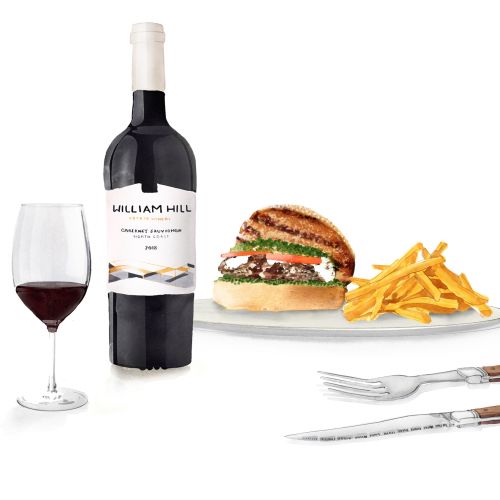 Red wine bottle with burger and chips