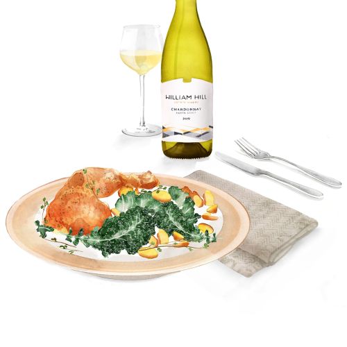Artwork of William Hill wine with chicken and kale