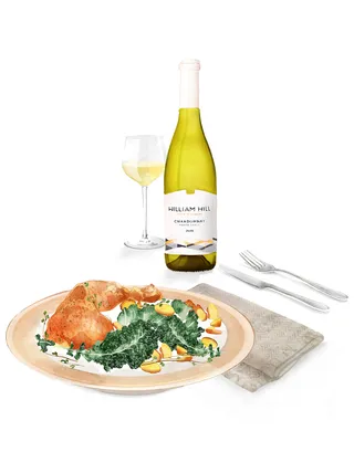 Artwork of William Hill wine with chicken and kale