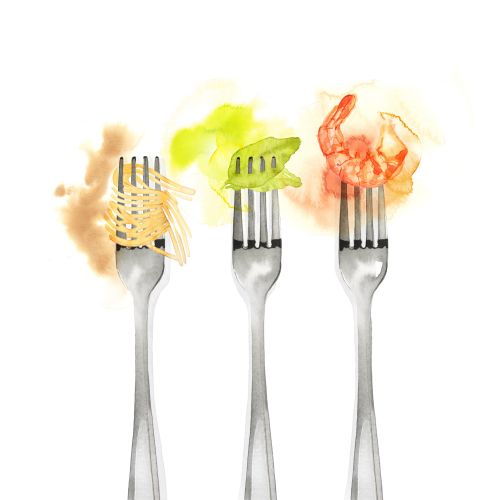 Forks with various foods