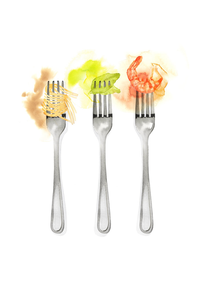 Forks with various foods