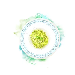 Realistic work of fusilli pesto pasta