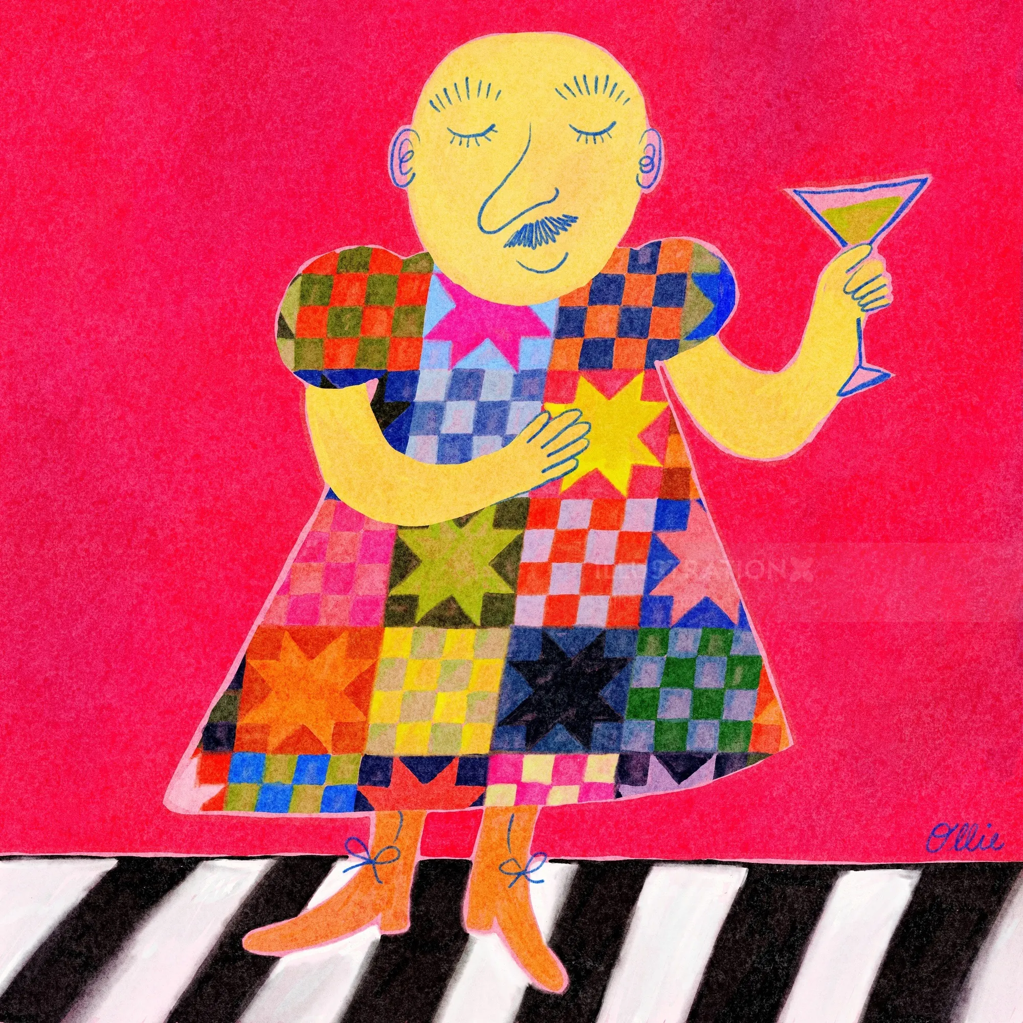 Figura abstrata colorida com vestido de retalhos segurando uma taça de coquetel, por Ollie Wootton.