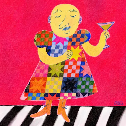 Figura abstrata colorida com vestido de retalhos segurando uma taça de coquetel, por Ollie Wootton.