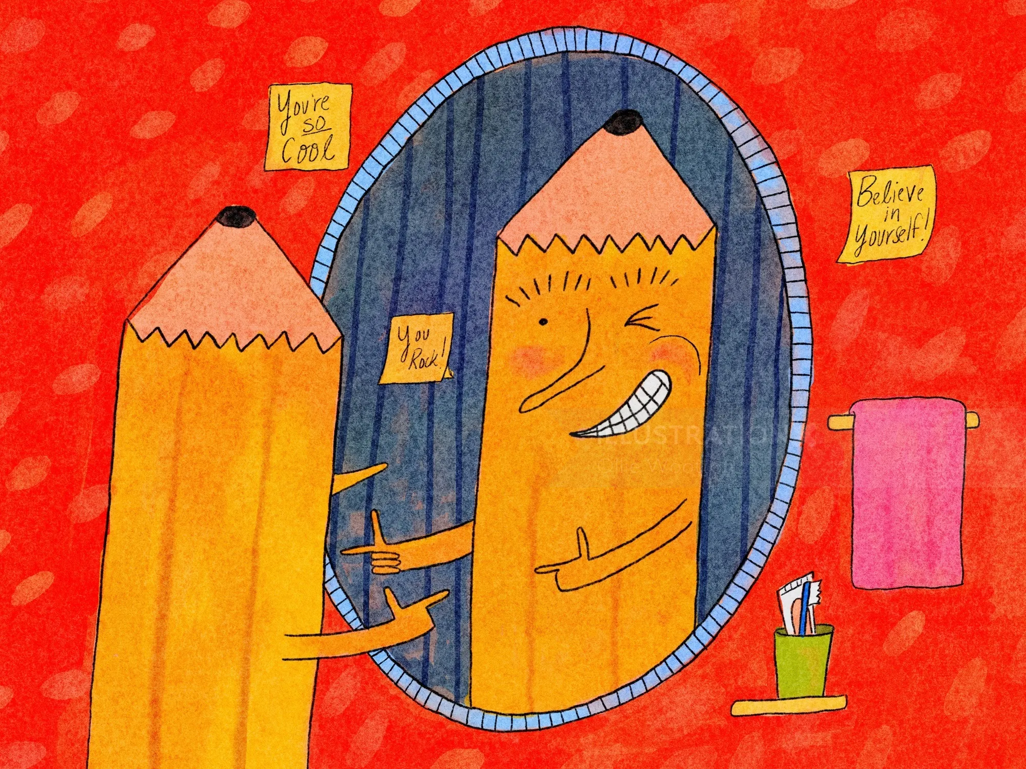 Illustration de deux crayons interagissant devant un miroir par Ollie Wootton
