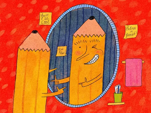 Ilustração de dois lápis interagindo em frente a um espelho, por Ollie Wootton.
