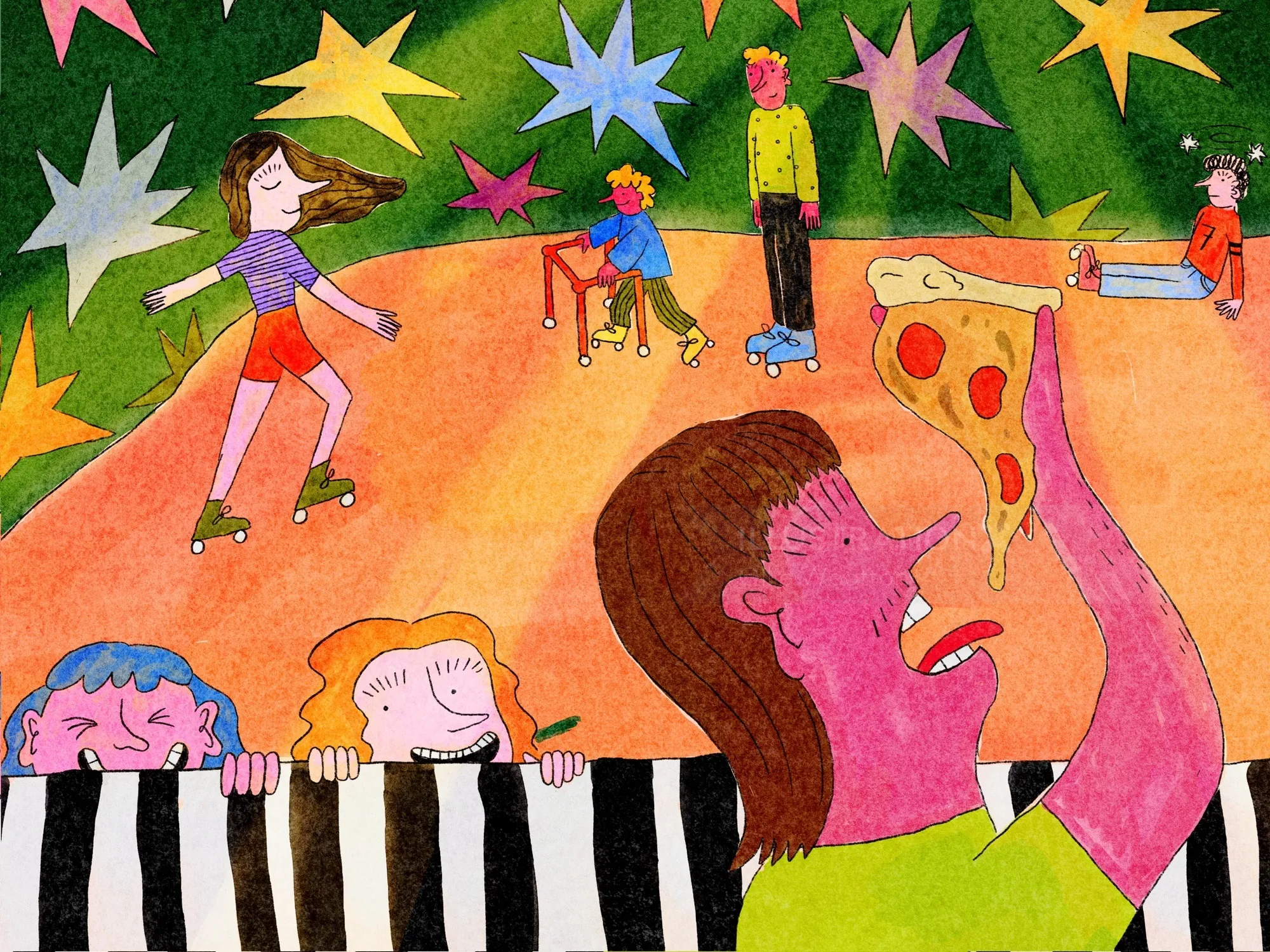 Patinoire colorée avec des patineurs et des gens mangeant des pizzas, par Ollie Wootton