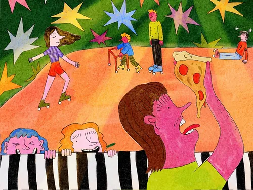 Pista de patinação colorida com patinadores e pessoas comendo pizza, por Ollie Wootton.
