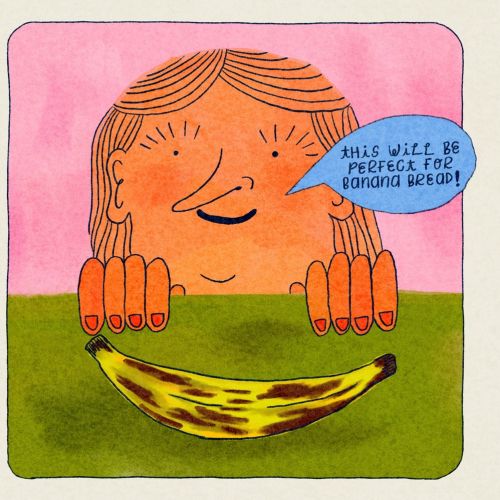 Comic panels showing girl with banana and sitting by statue, by Ollie Wootton
