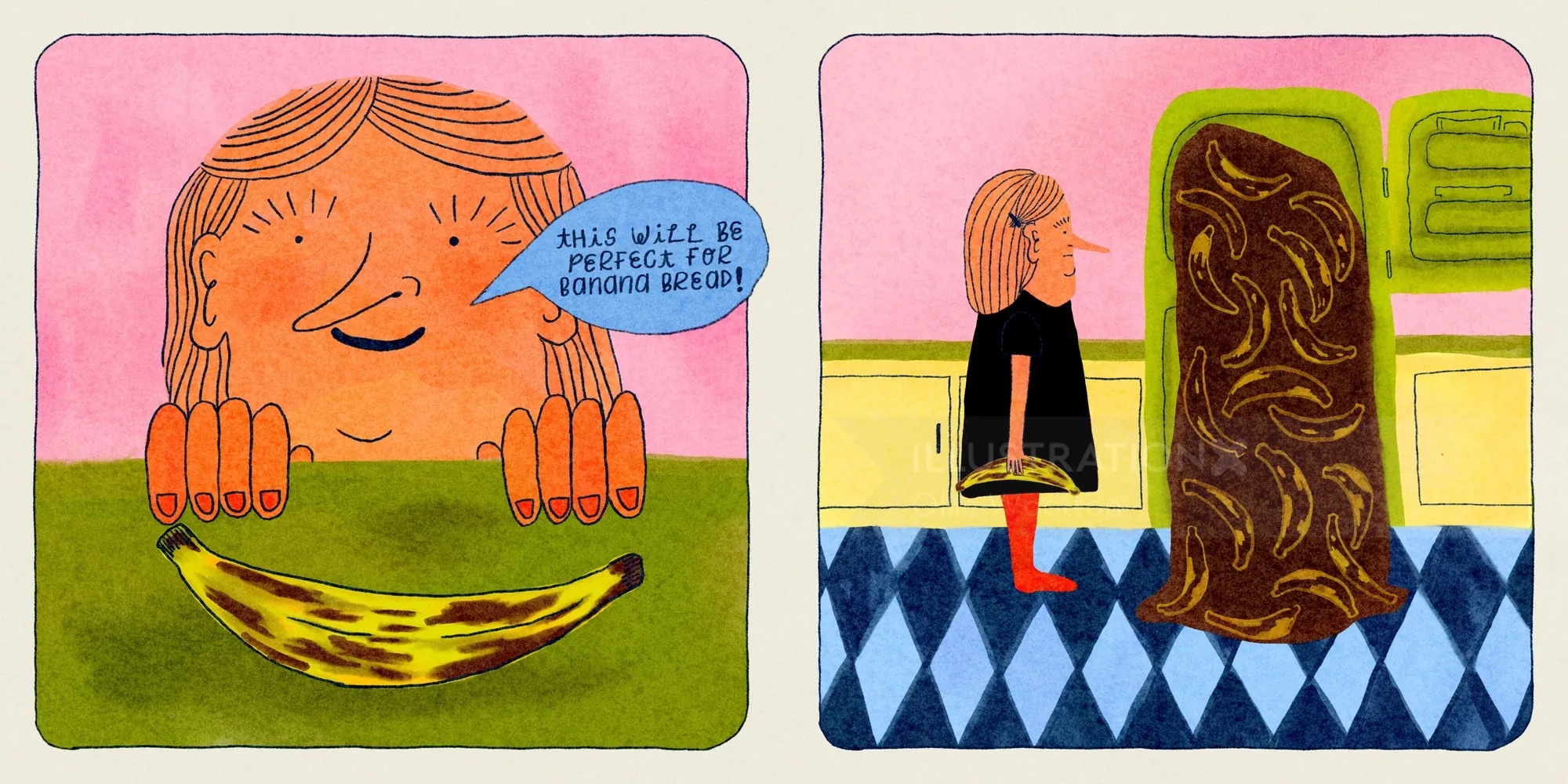 Comic-Panels von Ollie Wootton zeigen ein Mädchen mit Banane, das neben einer Statue sitzt.
