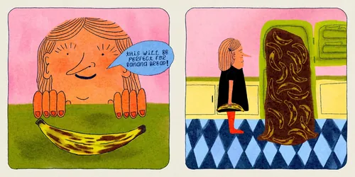 Quadrinhos mostrando uma menina com uma banana sentada ao lado de uma estátua, por Ollie Wootton.