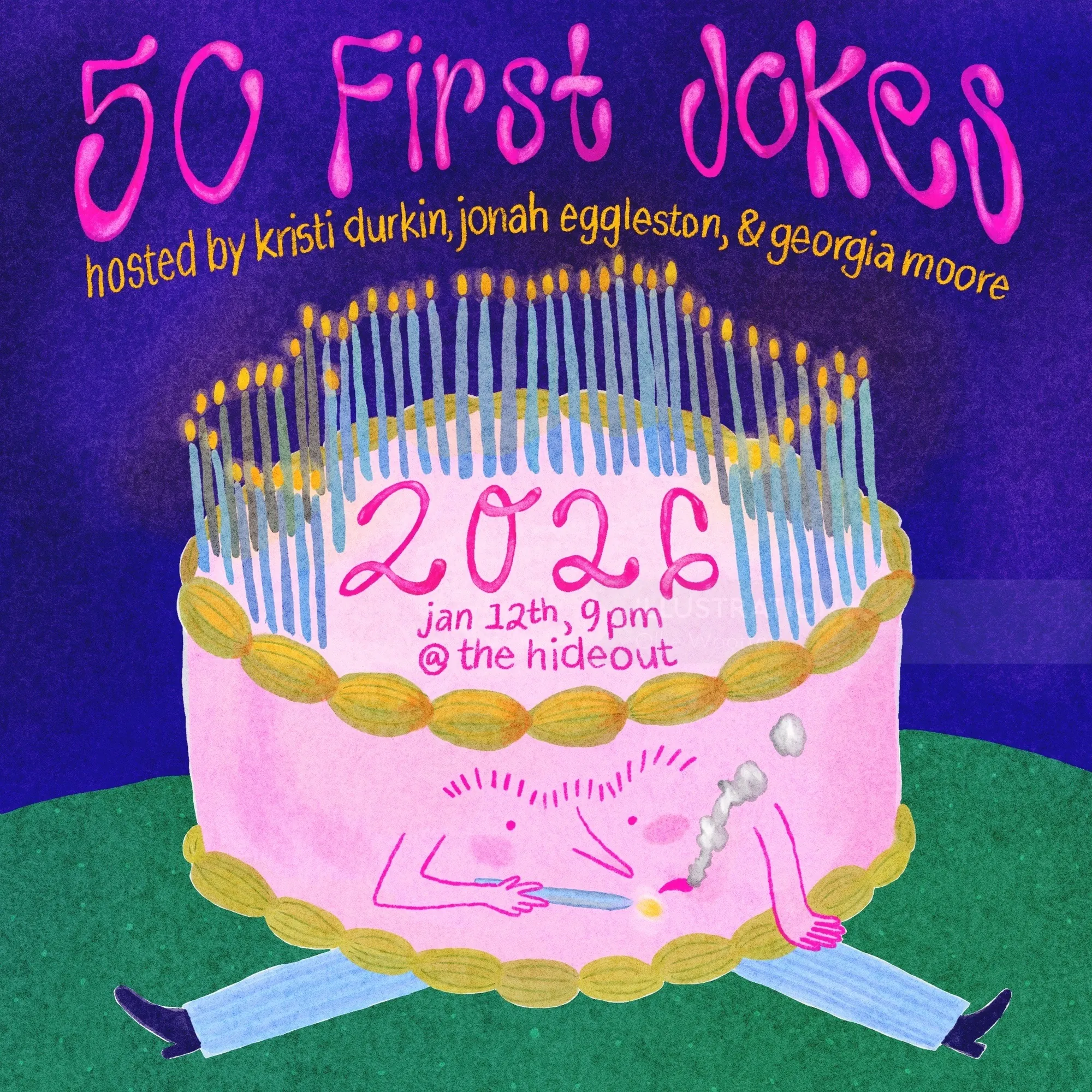 Veranstaltungsplakat „50 First Jokes 2026“ mit Cartoon-Kuchen und Kerzen von Ollie Wootton