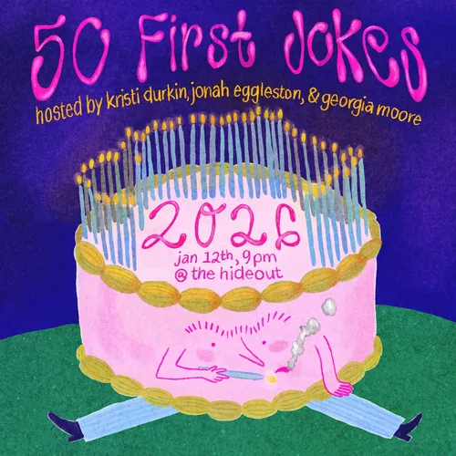 Cartaz do evento "50 First Jokes 2026" com bolo de desenho animado e velas, criado por Ollie Wootton.
