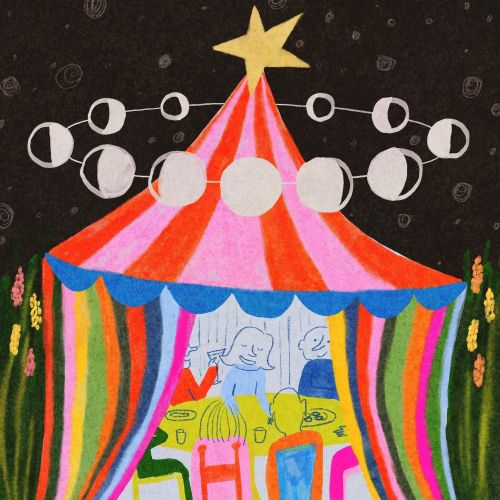 Colorful carnival tent with star top and moon phases, illustration by Ollie Wootton