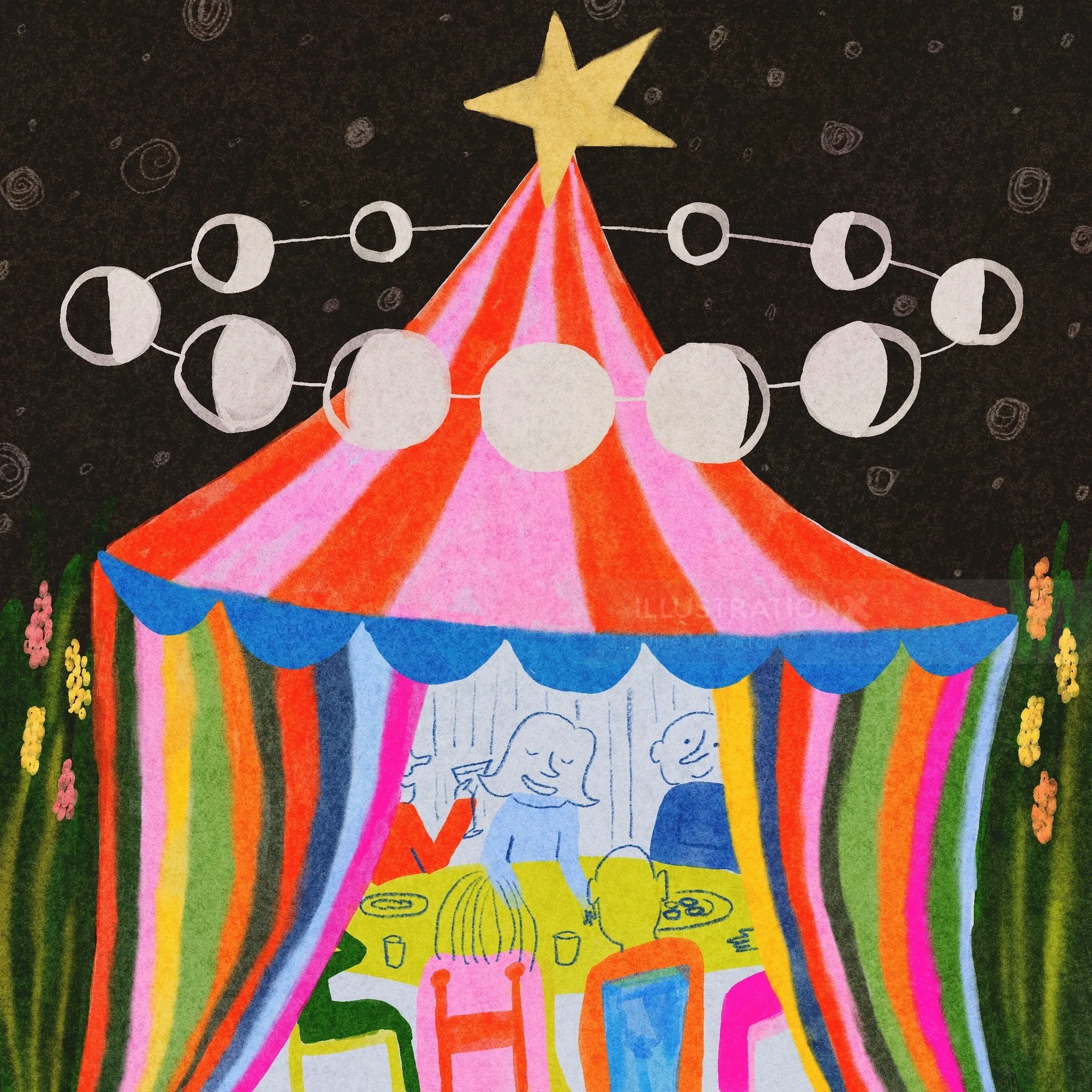 Farbenfrohes Karnevalszelt mit Sternenspitze und Mondphasen, Illustration von Ollie Wootton