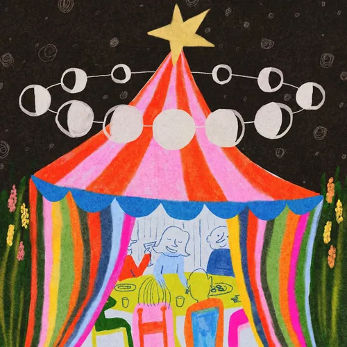 Tenda de carnaval colorida com estrela no topo e fases da lua, ilustração de Ollie Wootton.