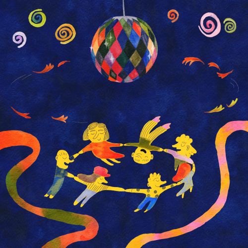 Illustration of children dancing in a circle under a colorful disco ball by Ollie Wootton