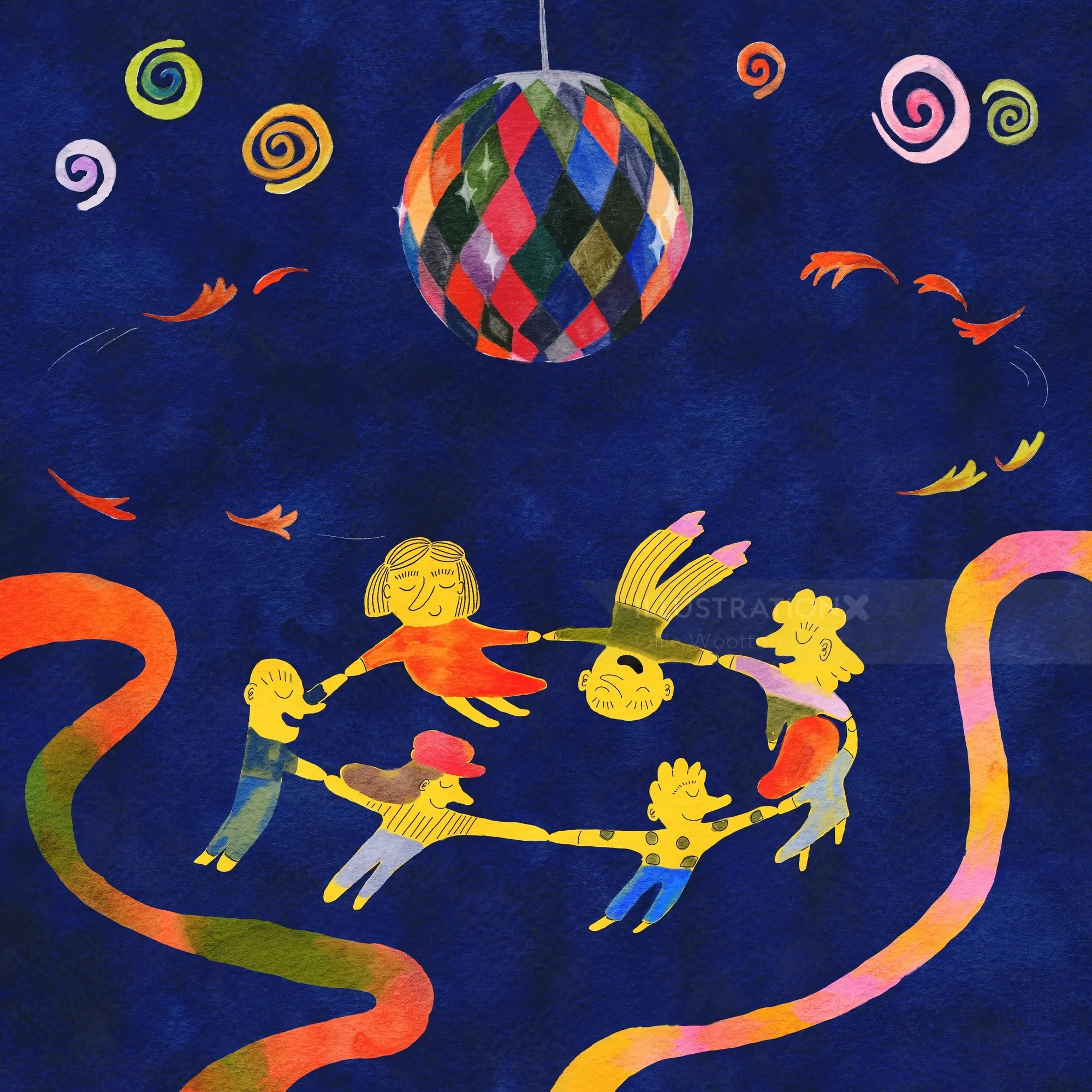 Illustration von Kindern, die unter einer bunten Discokugel im Kreis tanzen, von Ollie Wootton