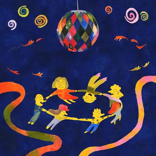 Ilustração de crianças dançando em círculo sob uma bola de discoteca colorida por Ollie Wootton.
