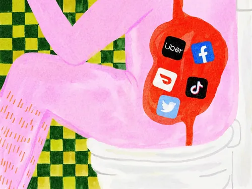 Ilustração editorial especulativa intitulada Enshittificação por Ollie Wootton
