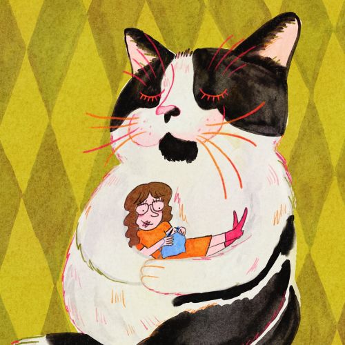 Illustration of a woman hugging a giant black and white cat by Ollie Wootton