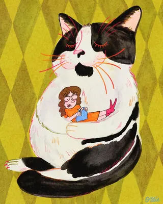 巨大な白黒の猫を抱きしめる女性 | Illustration by Ollie Wootton