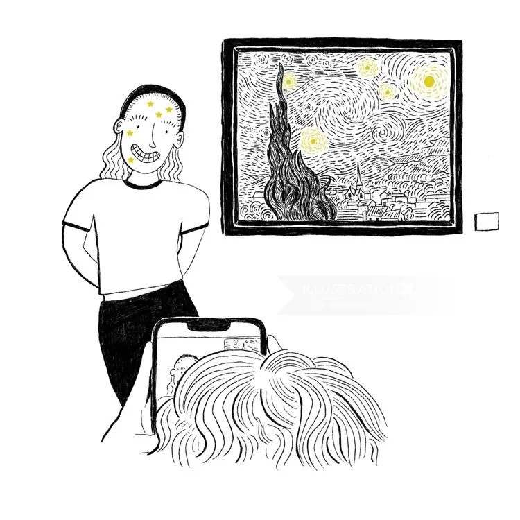 オリー・ウートン作「星月夜」の絵画の近くで誰かを撮影している人物のイラスト