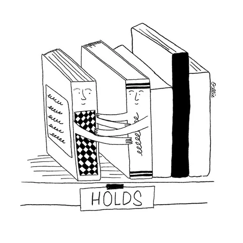 Ilustração de livros com rostos se abraçando, desenho de Ollie Wootton.