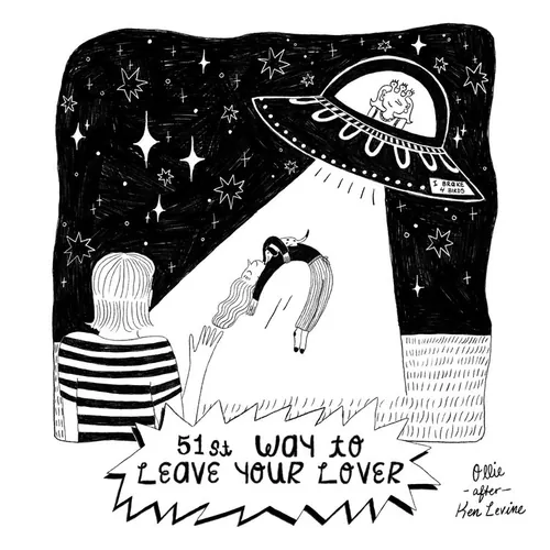 Desenho em preto e branco de uma abdução alienígena com uma pessoa flutuando em direção a um OVNI, por Ollie Wootton.