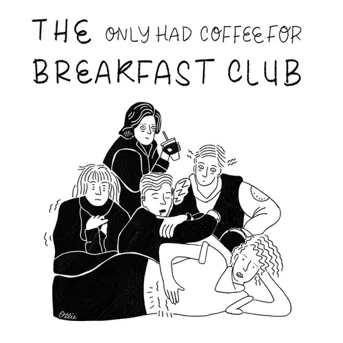 Desenho em preto e branco de cinco pessoas com texto sobre café para o café da manhã, por Ollie Wootton.