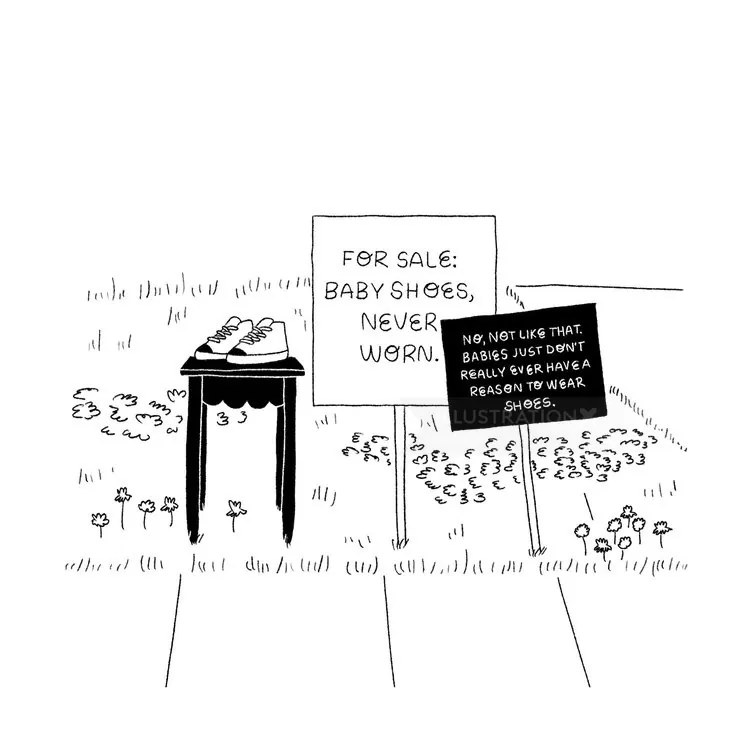Cartoon von Ollie Wootton, der Babyschuhe und lustige „Zu verkaufen“-Schilder zeigt
