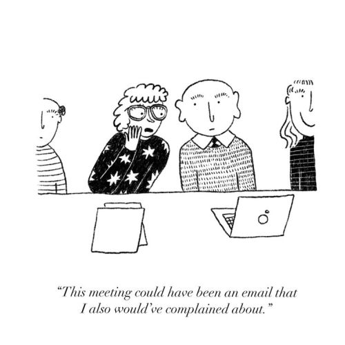 Cartoon of people in a meeting complaining about preferring an email by Ollie Wootton