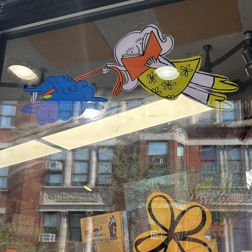 Cartoon woman flying holding a blue dog by Ollie Wootton